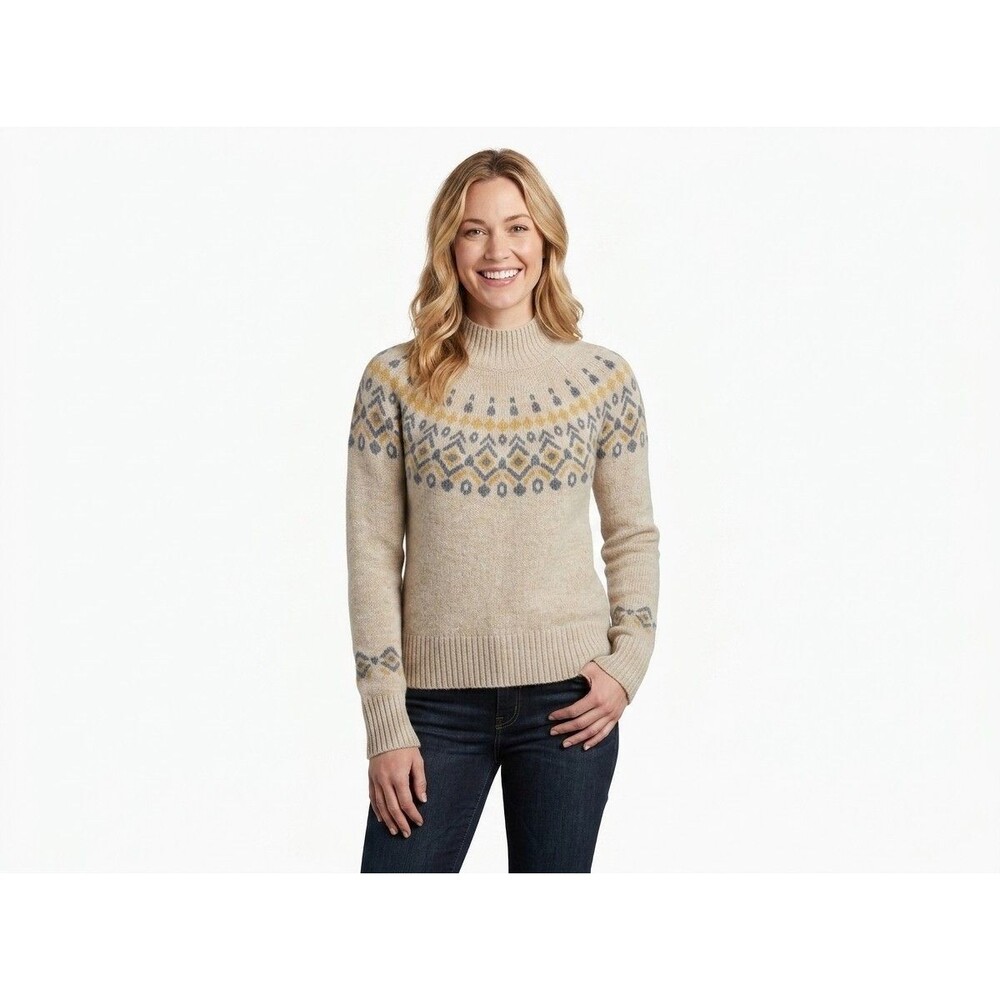 KUHL Womens Alpina Sweater Size L Beige Fair Isle Nordic Wool Mock Neck EUC